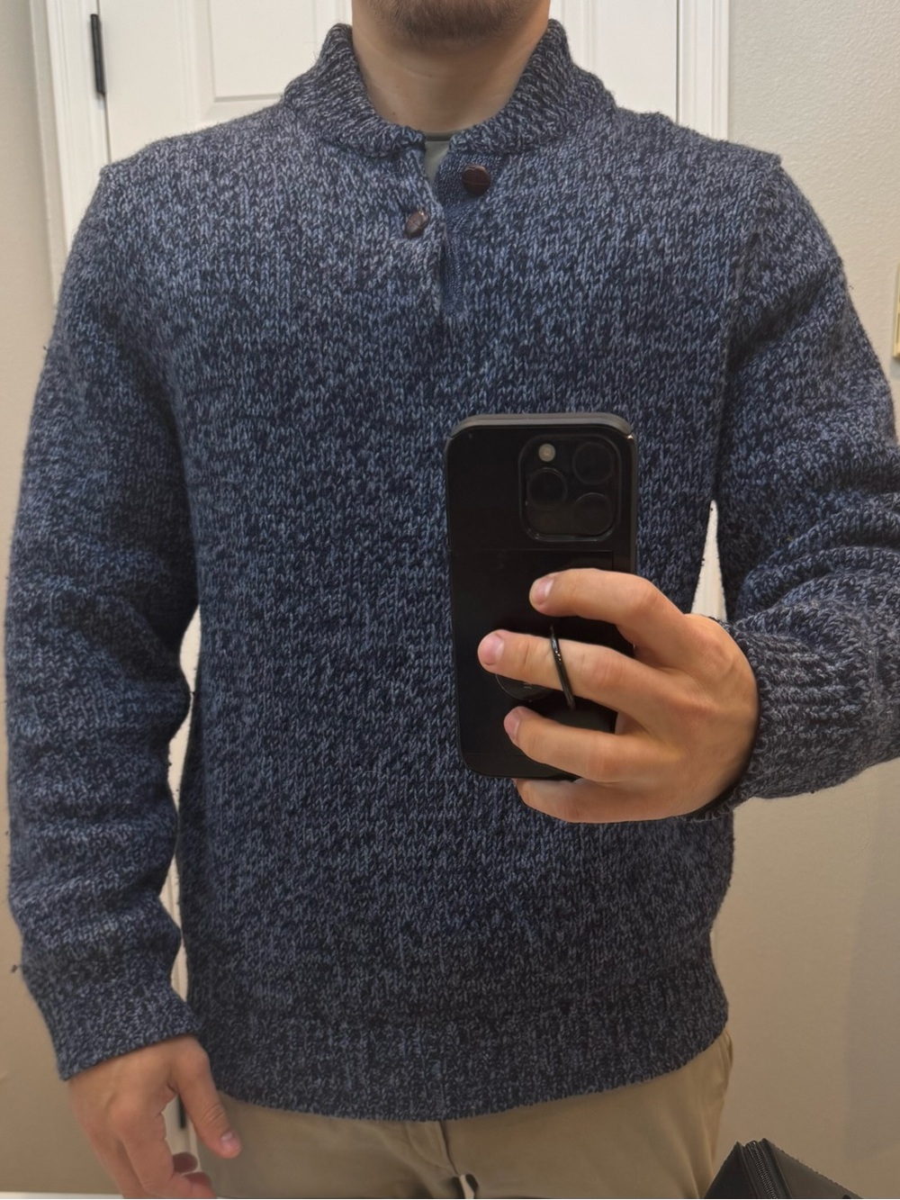 L.L. Bean Men’s Navy Marled Crewneck Button-Placket Sweater